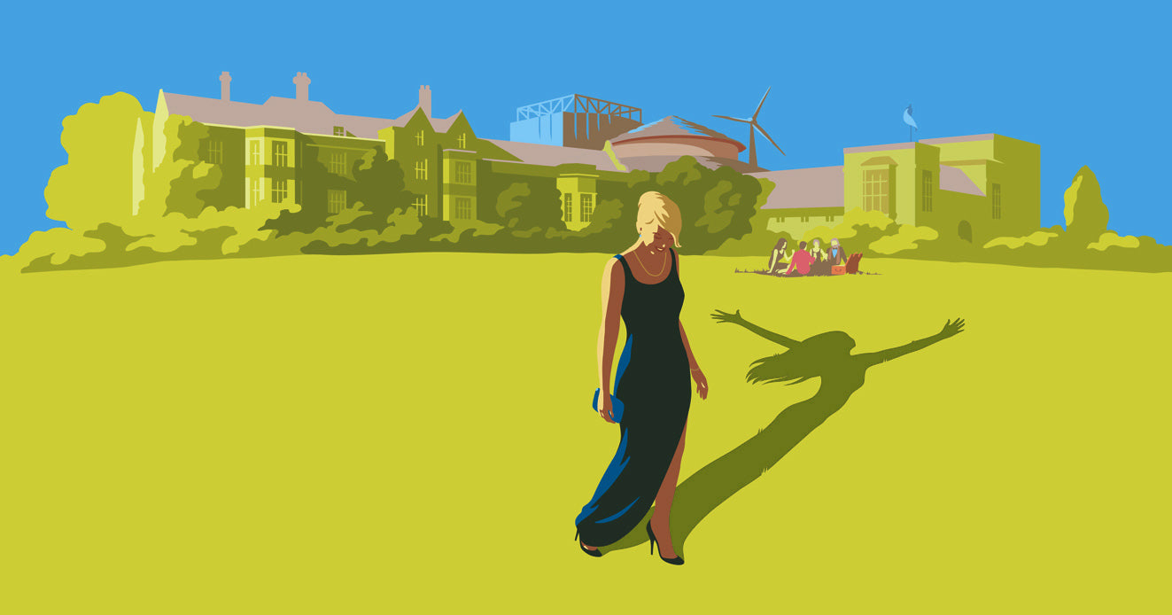 Advertising illustration for Glyndebourne Summer Festival by Gary Redford. Featuring a Woman in a party dress with performing shadow