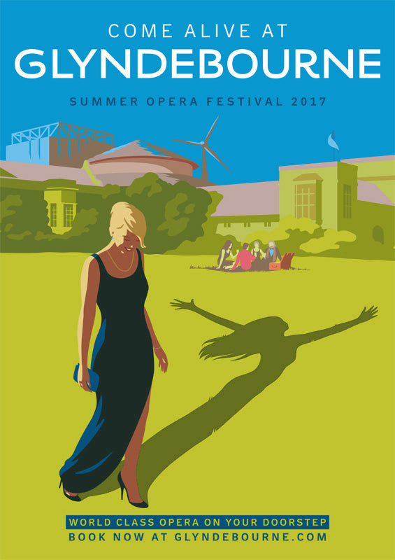Advertising illustration for Glyndebourne Summer Festival by Gary Redford. Featuring a Woman in a party dress with performing shadow